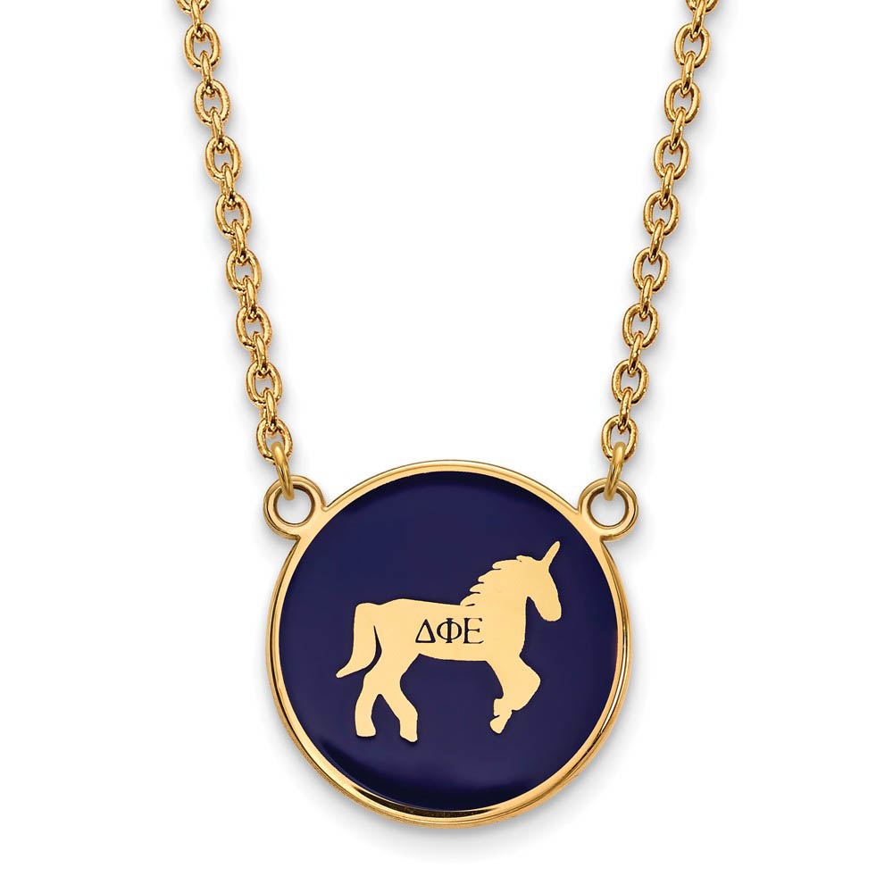 14K Plated Silver Delta Phi Epsilon Blue Enamel Mascot Necklace
