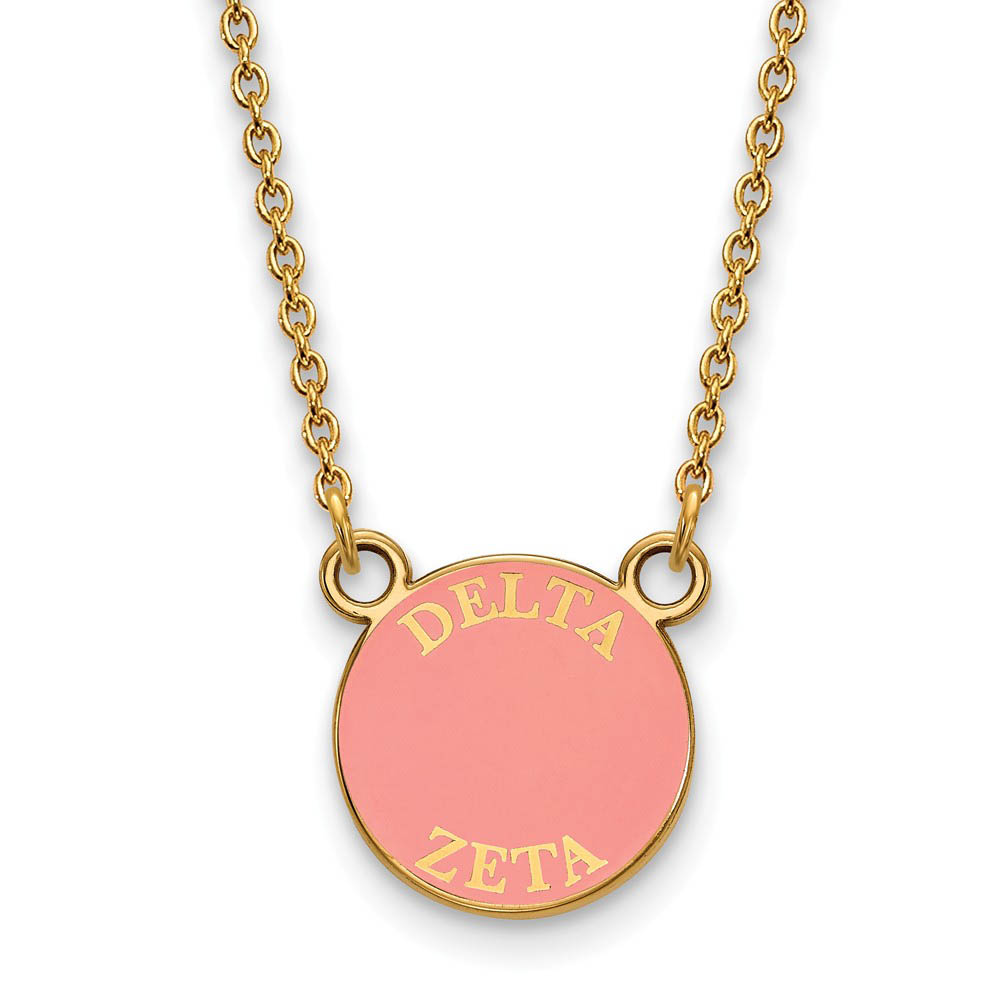 14K Plated Silver Delta Zeta Pink Enamel Disc Necklace