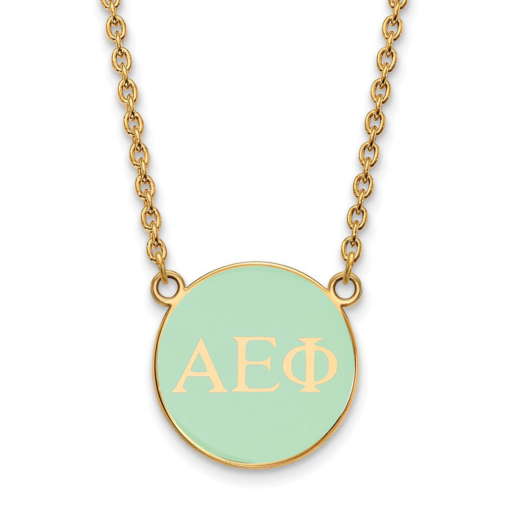 14K Plated Silver Alpha Epsilon Phi Aqua Enamel Disc Necklace