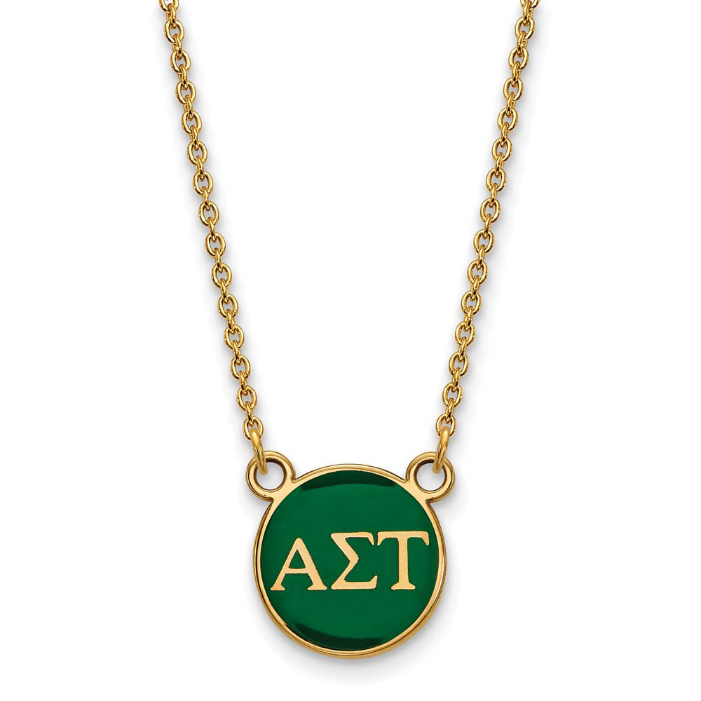 14K Plated Silver Alpha Sigma Tau Green Enamel Disc Necklace
