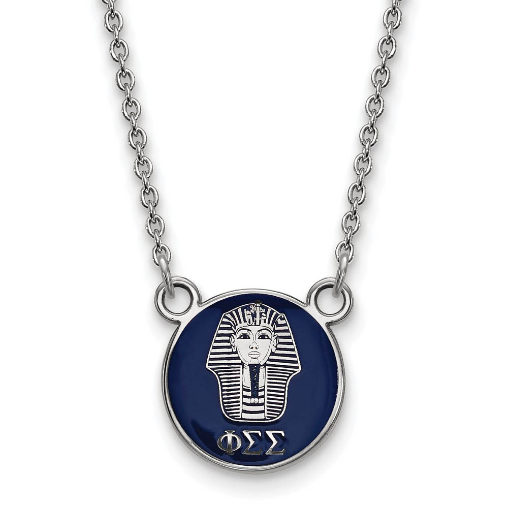 Sterling Silver Phi Sigma Sigma Navy Enamel Sphinx Disc Necklace