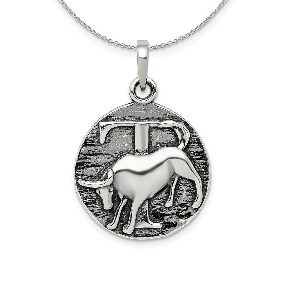 Silver Taurus the Bull Zodiac Embossed Circle Necklace - 18 In