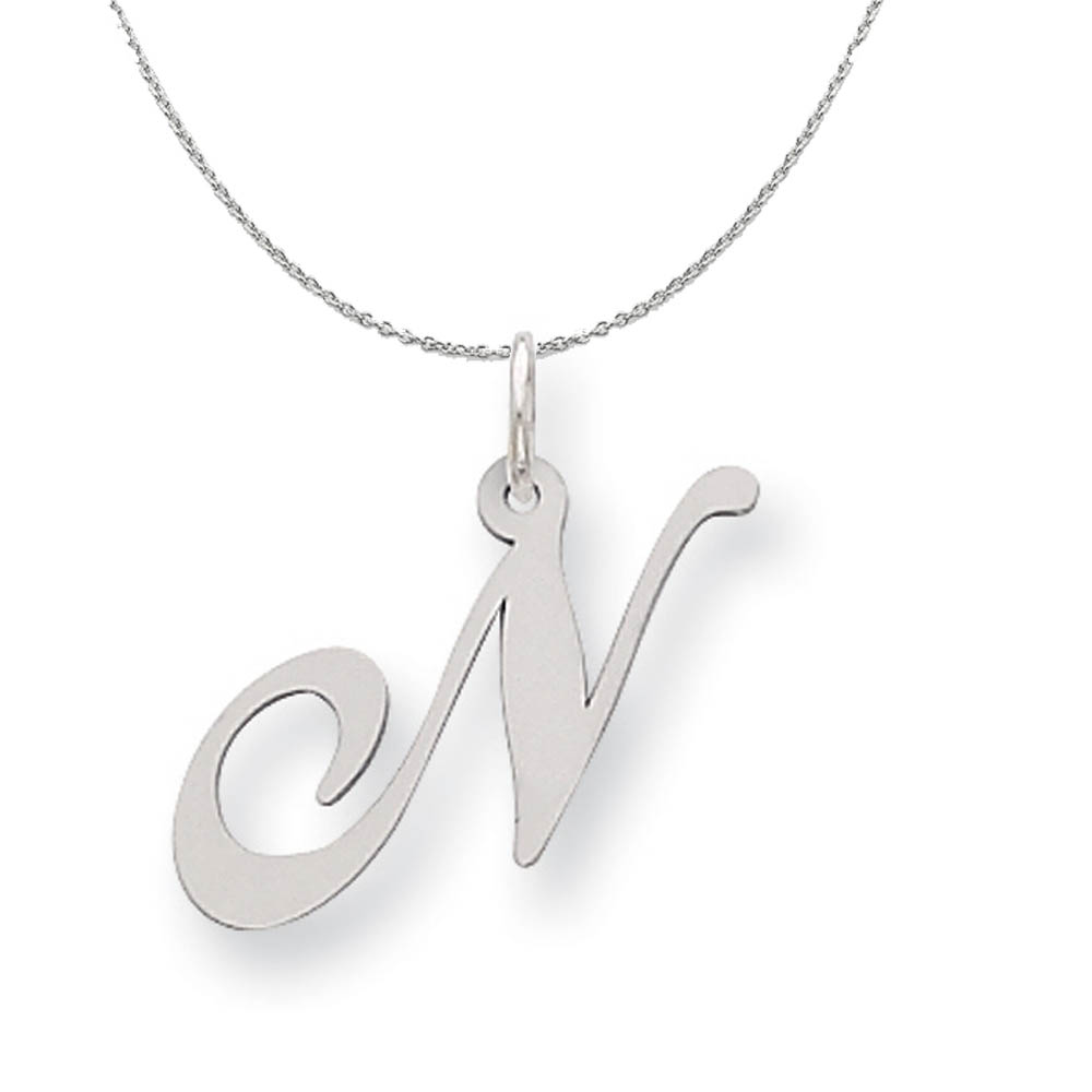 Silver, Ella Collection Fancy Script Initial N Necklace - 24 In