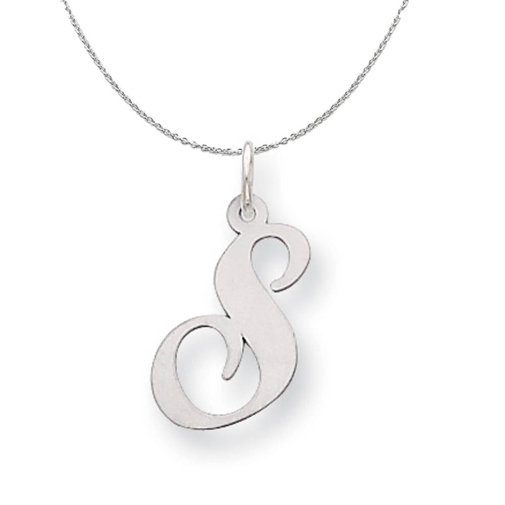 Silver, Ella Collection Medium Fancy Script Initial Necklace - 16 In