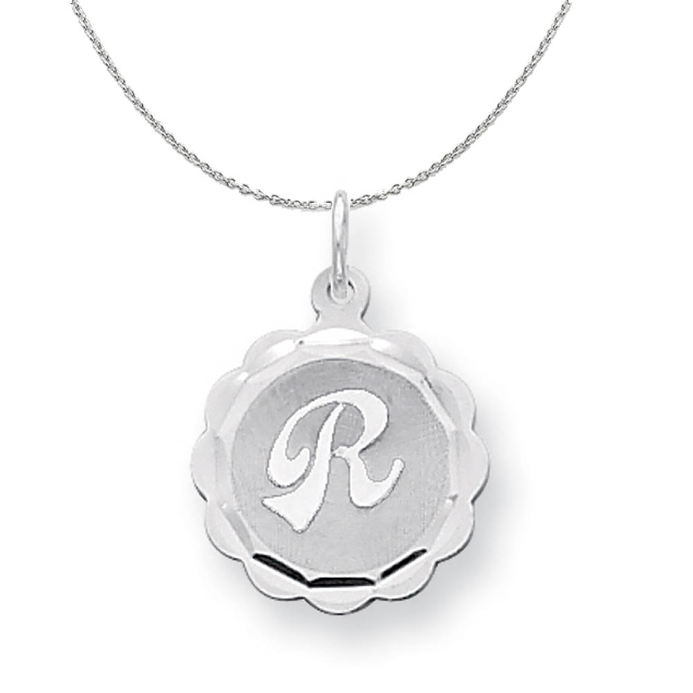Silver, Sarah Collection 15mm Brocaded Disc Initial R Necklace