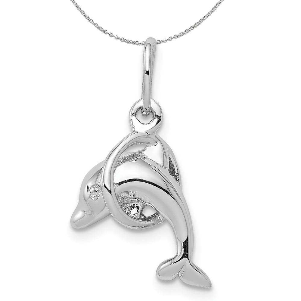 Sterling Silver 3D Polished Dolphin and Hoop Charm Necklace