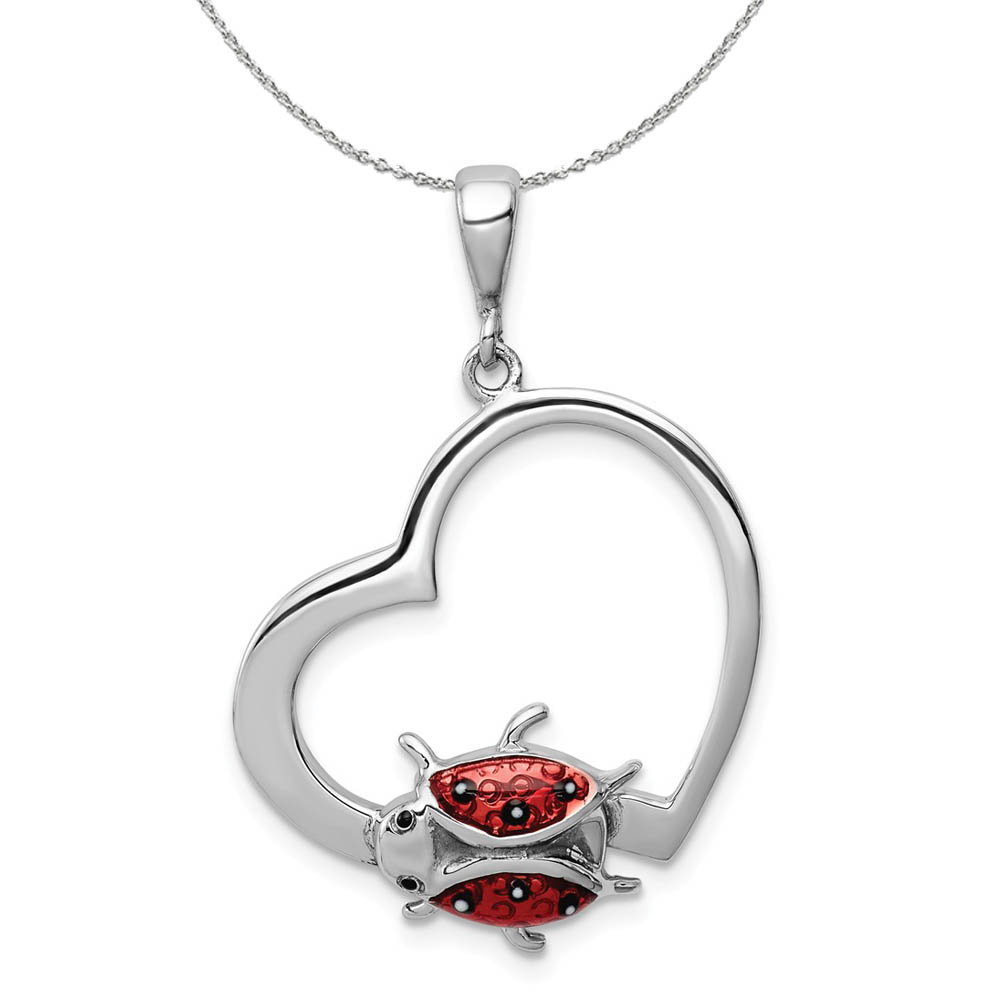 Sterling Silver and Enameled Open Heart Ladybug 22mm Necklace