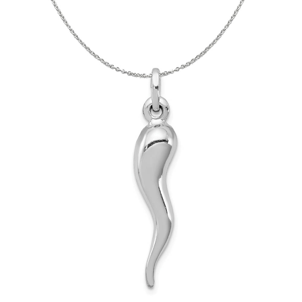 Rhodium Plated Sterling Silver 3D Italian Horn 7 x 35mm Necklace