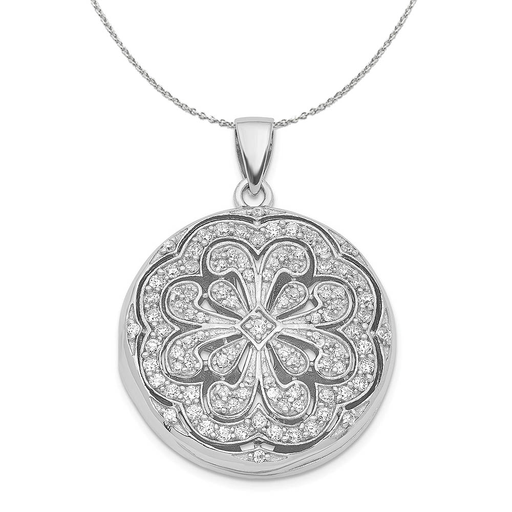 Sterling Silver and Cubic Zirconia Flower Design Locket, 22mm Necklace