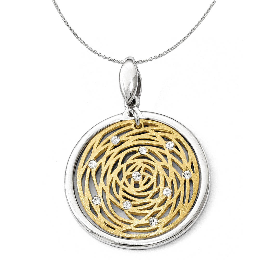 Sterling Silver Gold Tone and CZ Round Web Design 26 x 35mm Necklace