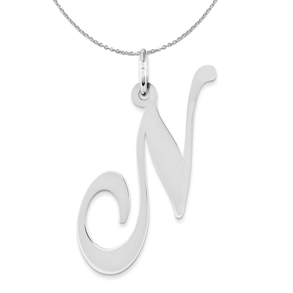 Sterling Silver, Ella Collection, LG Fancy Script Initial N Necklace