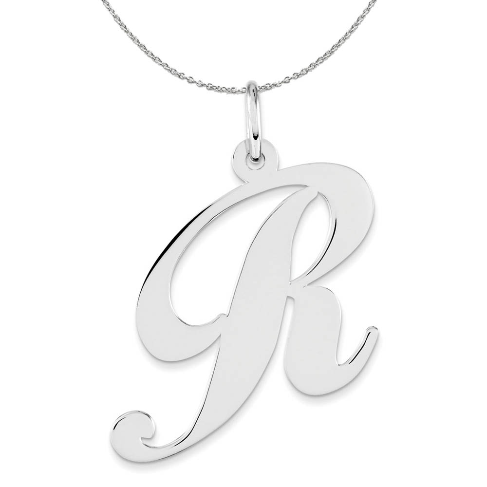 Sterling Silver, Ella Collection, LG Fancy Script Initial R Necklace