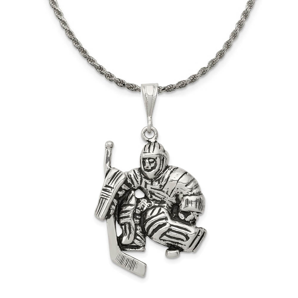 Sterling Silver Antiqued Hockey Goalie Pendant Necklace