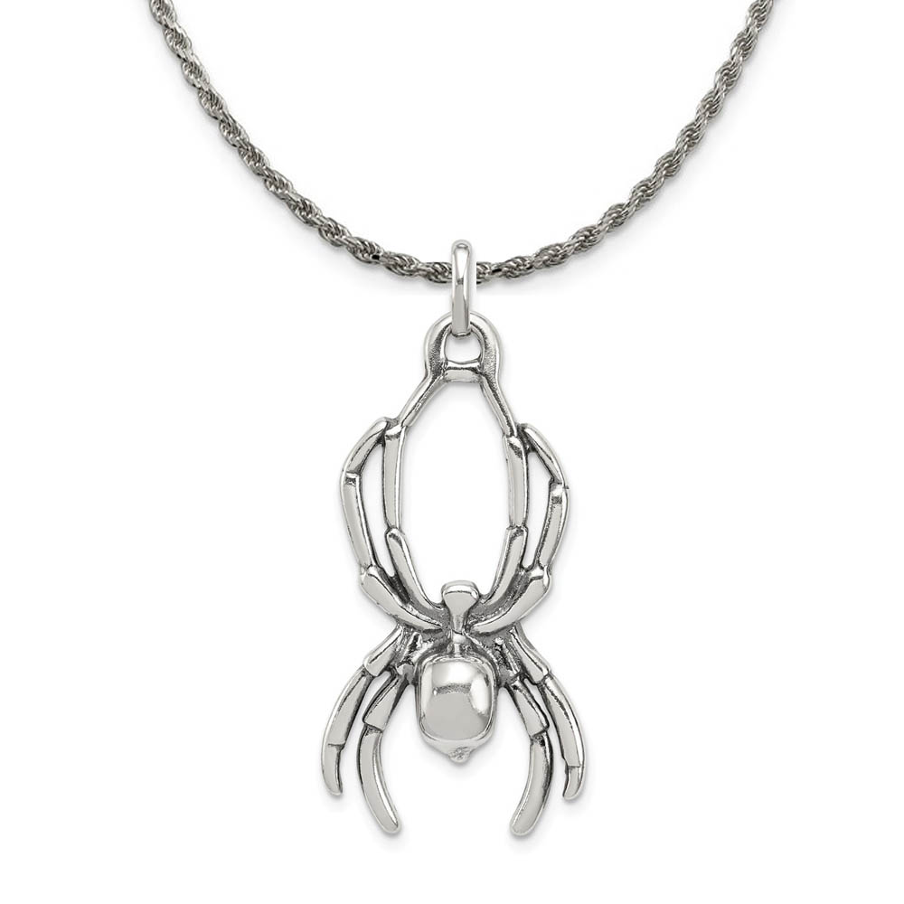 Sterling Silver 2D Antiqued Spider Pendant Necklace
