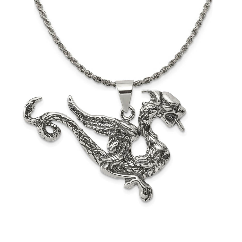 Sterling Silver 37mm Antiqued Dragon Pendant Necklace