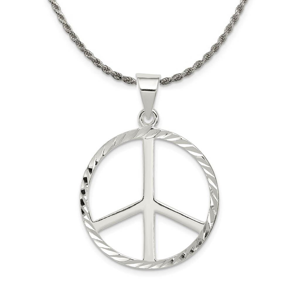 Sterling Silver 25mm Diamond Cut Peace Symbol Pendant Necklace - 18 In