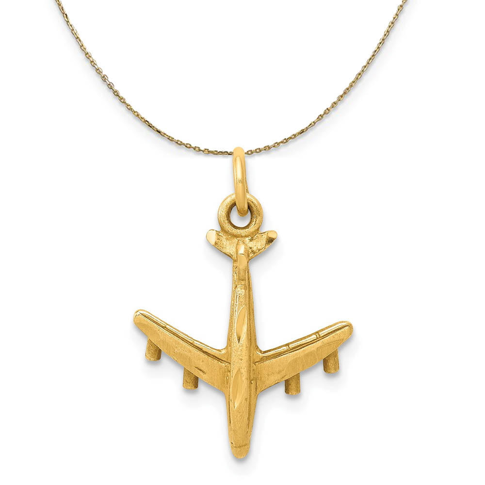 14k Yellow Gold Satin and Diamond Cut Airplane Necklace