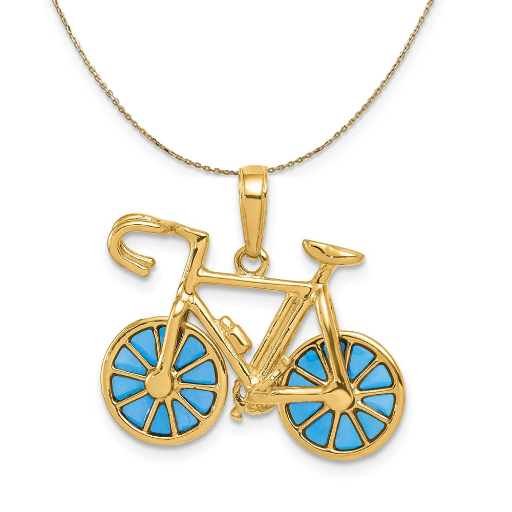 14k Yellow Gold Blue Translucent Acrylic Bicycle Necklace