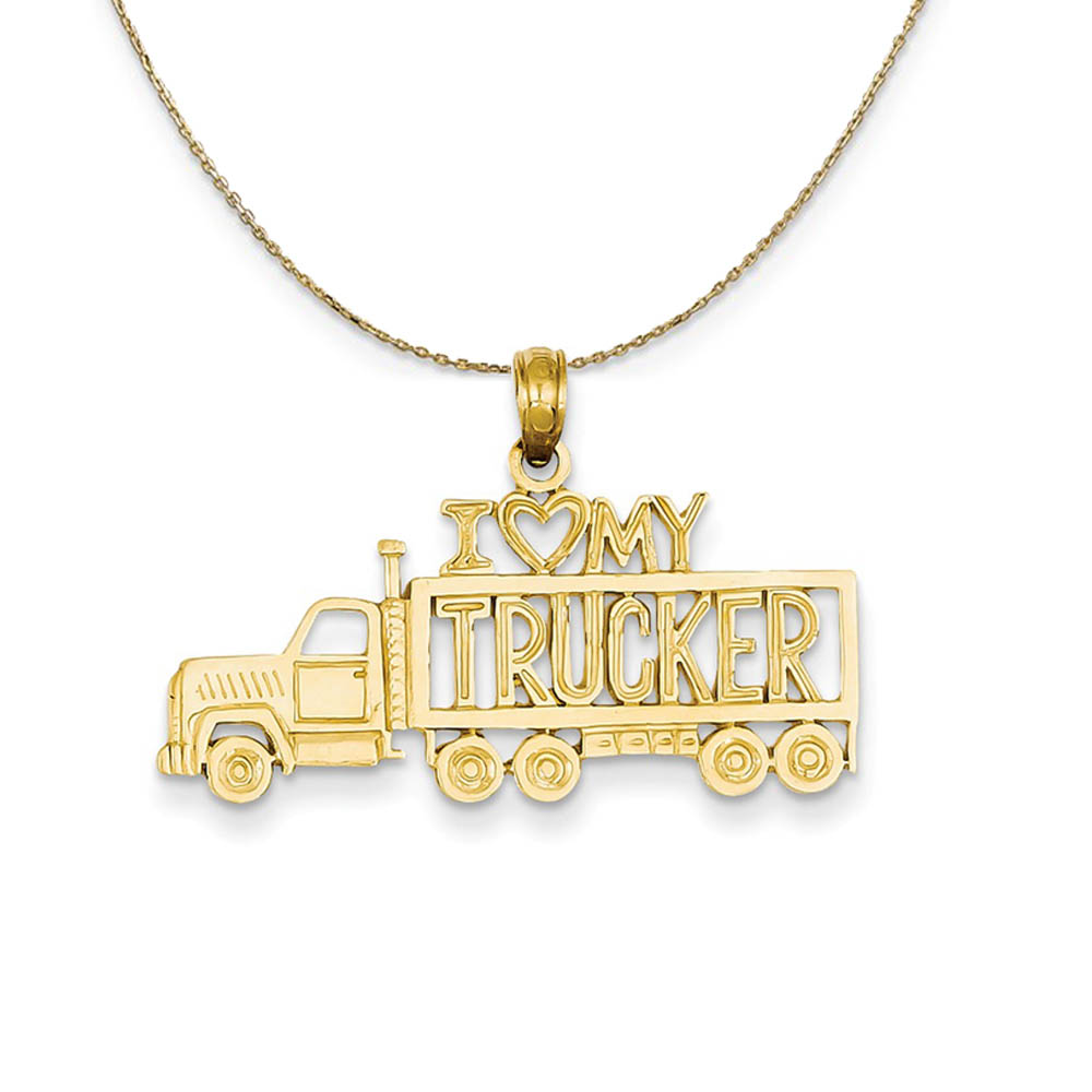 14k Yellow Gold I Heart My Trucker Semi Truck Necklace