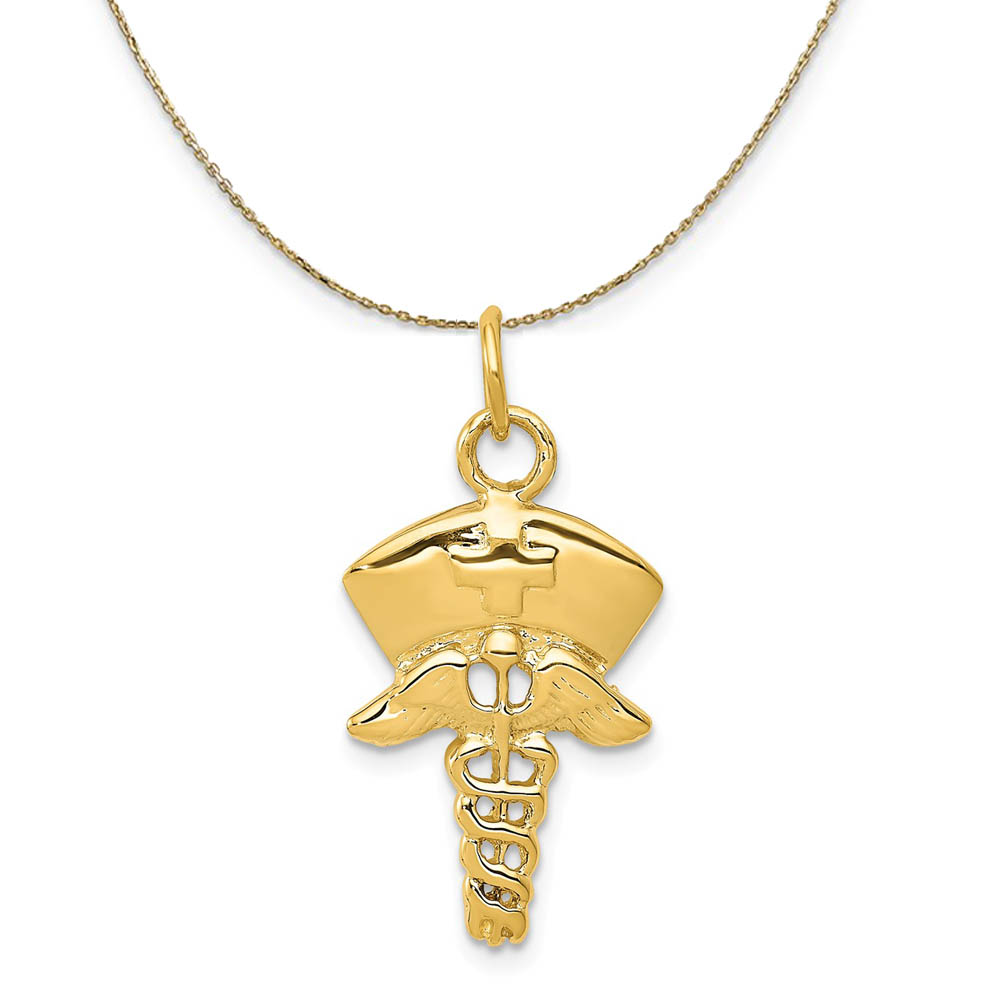 14k Yellow Gold Nurses Cap and Caduceus Necklace
