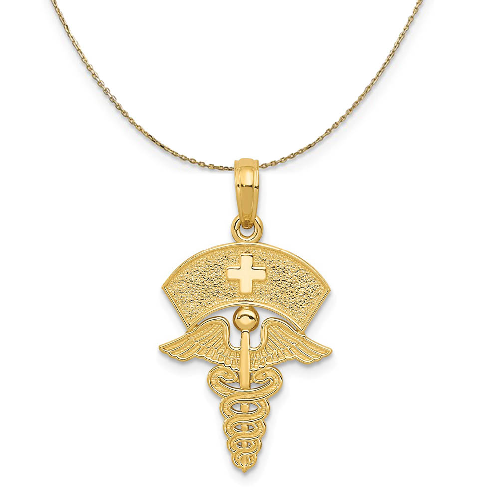 14k Yellow Gold Medical Caduceus with Nurses Cap Necklace