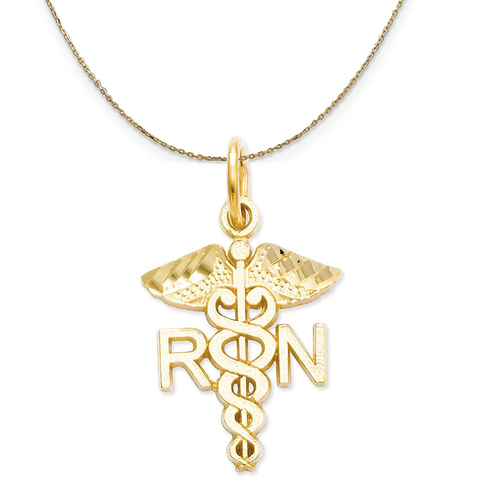 14k Yellow Gold Diamond Cut RN Caduceus Necklace