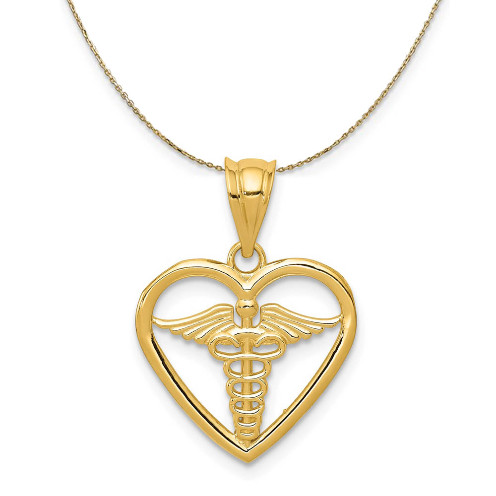 14k Yellow Gold Caduceus Heart Medical Necklace, 15mm