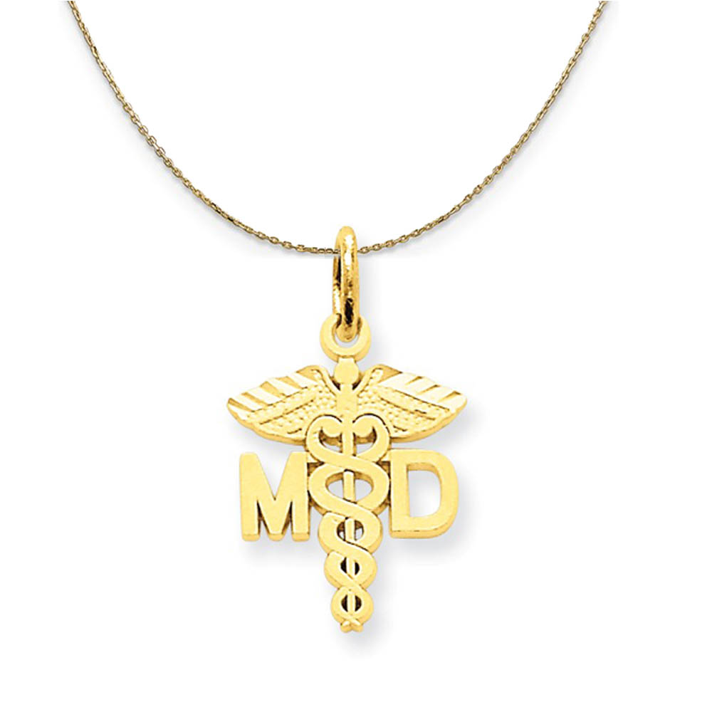 14k Yellow Gold Satin and Diamond Cut MD Caduceus Necklace
