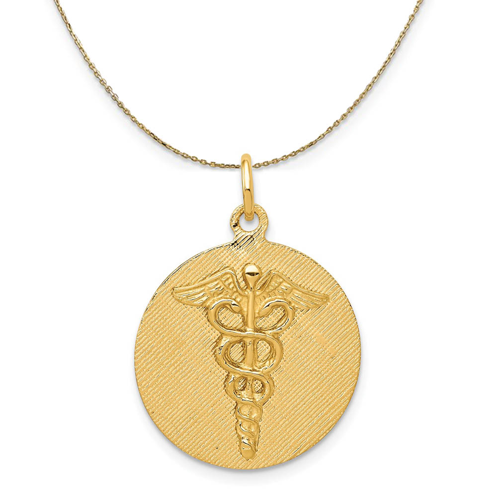 14k Yellow Gold 20mm Caduceus Disk Necklace