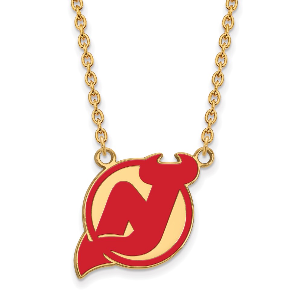 SS 14k Yellow Gold Plated NHL Devils LG Enamel Necklace