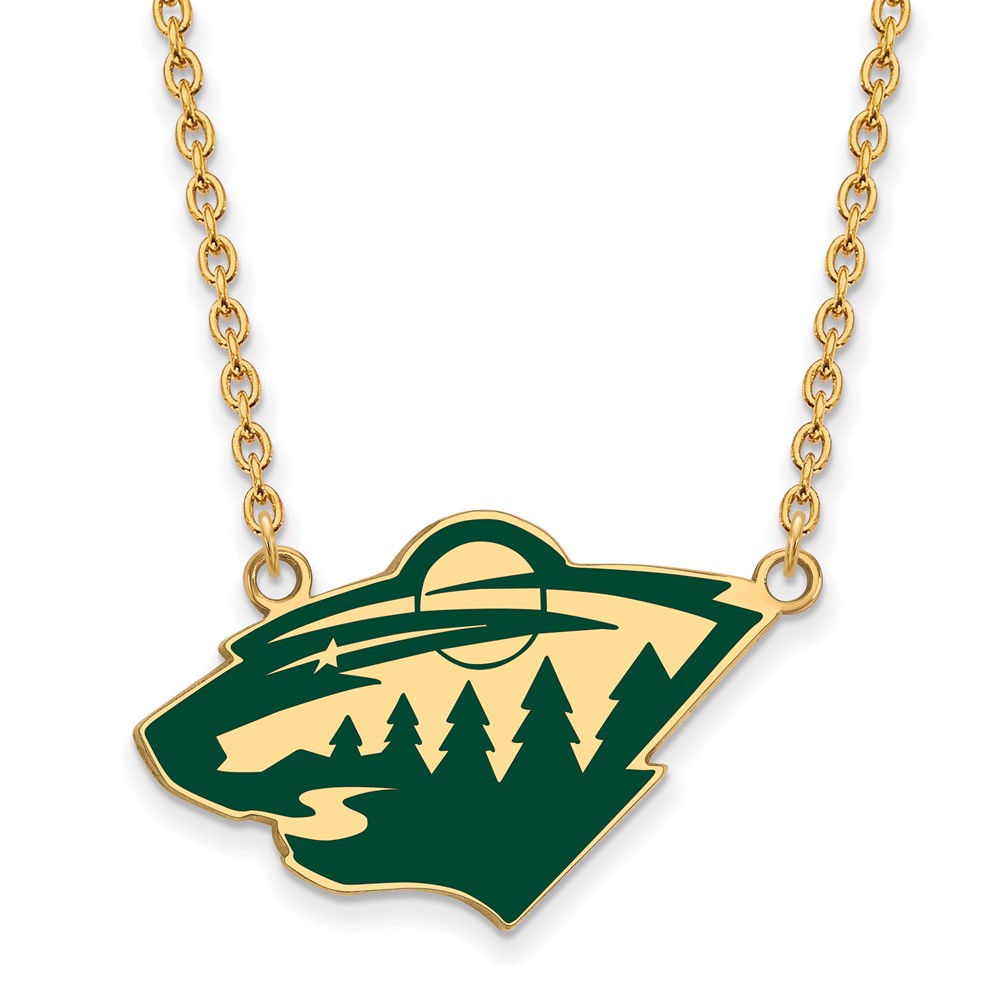 SS 14k Yellow Gold Plated NHL Minnesota Wild LG Enamel Necklace, 18 In
