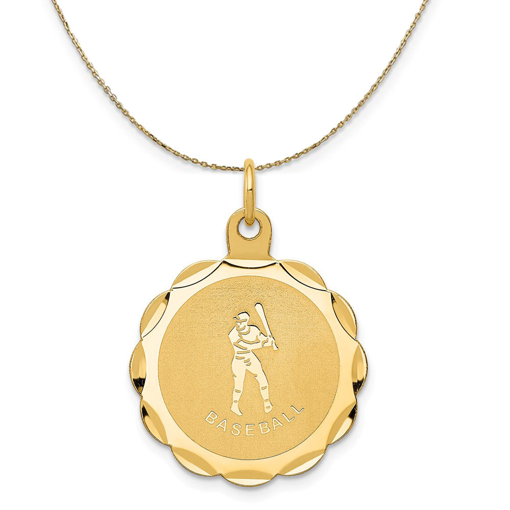 14k Yellow Gold Laser Etched Baseball Disc Necklace