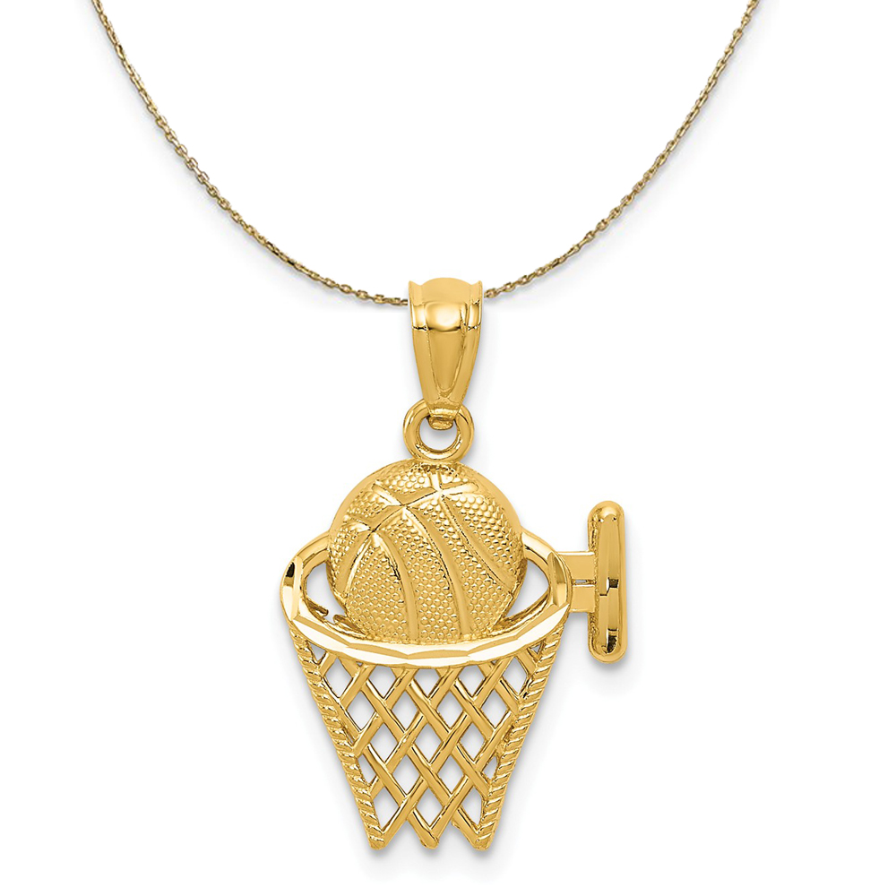 14k Yellow Gold Diamond Cut Basketball and Hoop Necklace