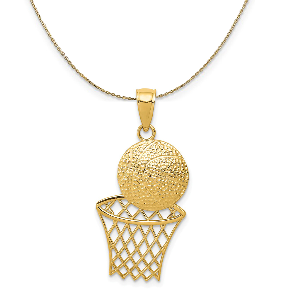 14k Yellow Gold Diamond Cut Basketball and Net Necklace