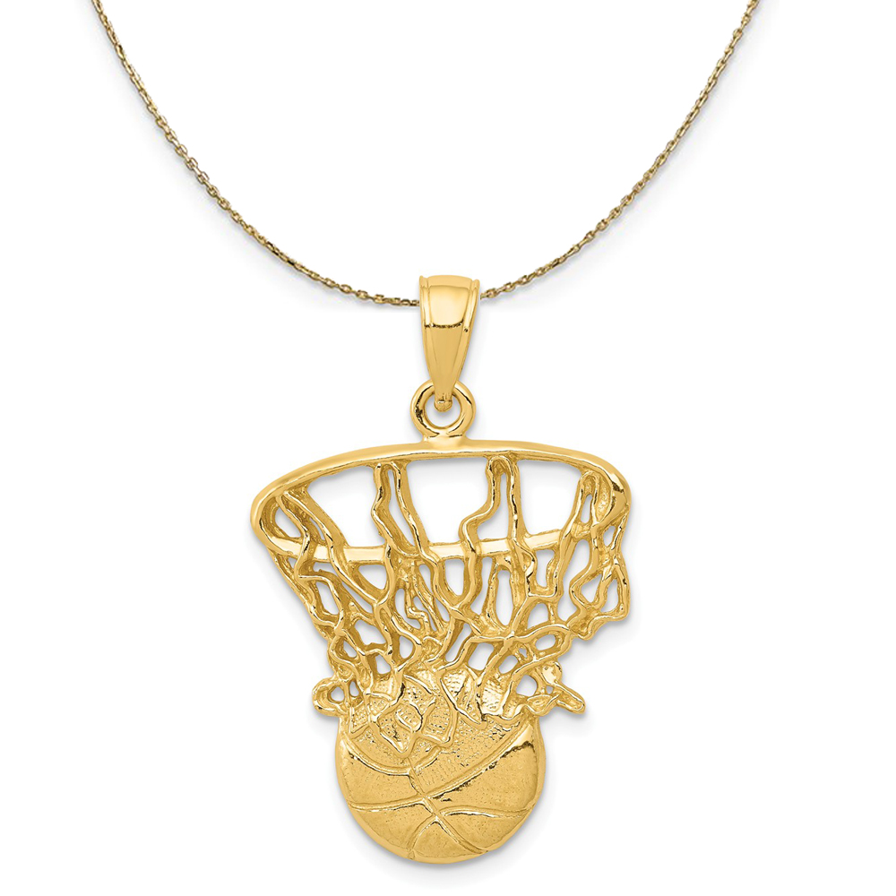 14k Yellow Gold Swoosh Basketball Through Net Necklace