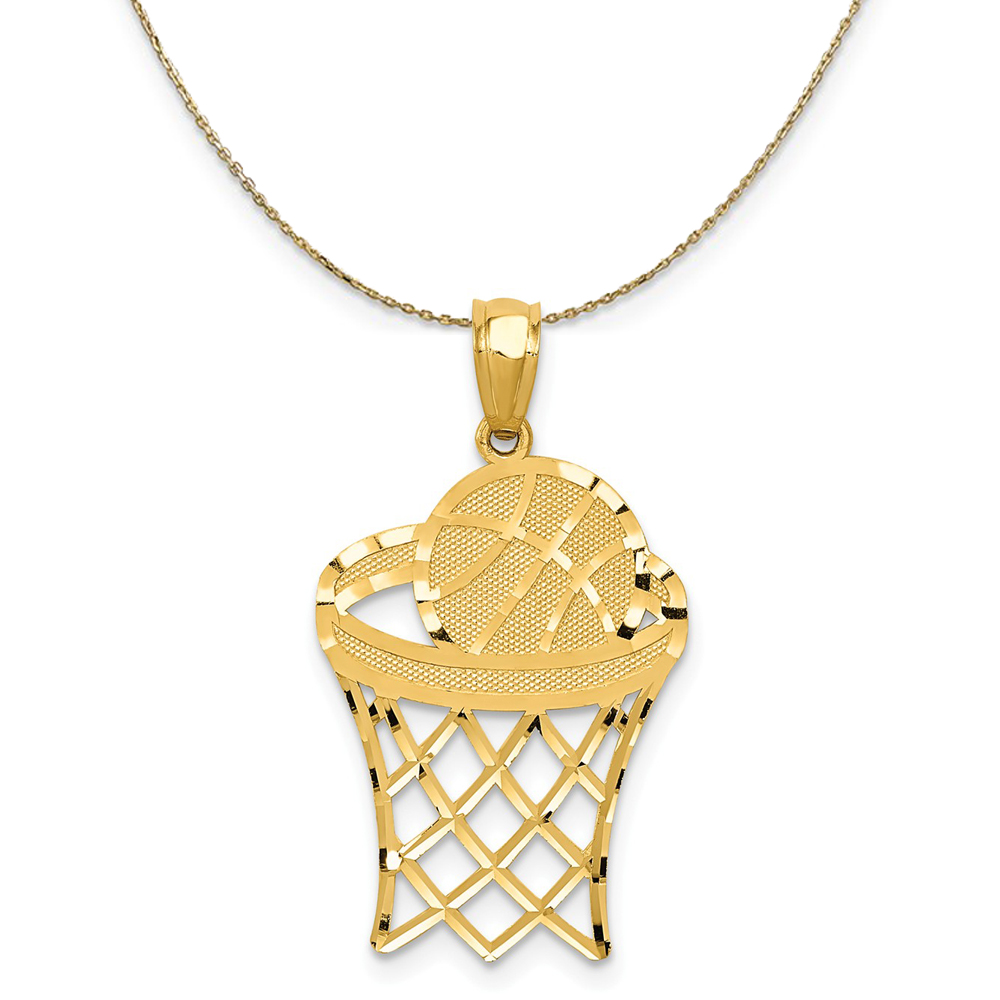 14k Yellow Gold Diamond Cut Basketball Hoop & Ball Necklace