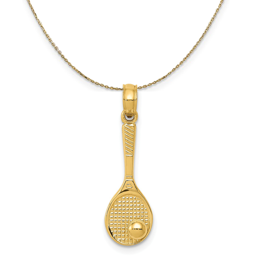 14k Yellow Gold 3D Tennis Racquet and Ball Necklace