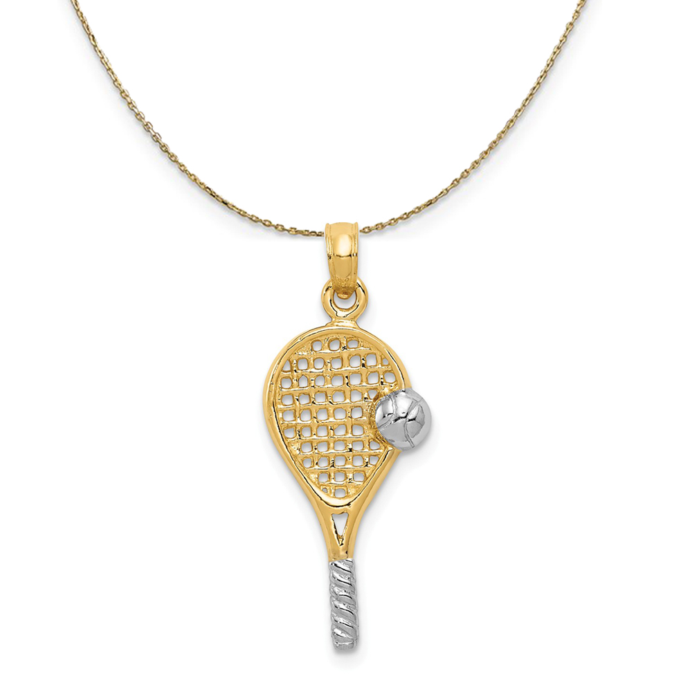 14k Yellow Gold & Rhodium Tennis Racquet & Ball Necklace