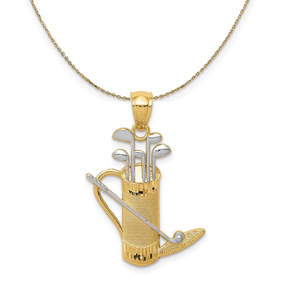 14k Yellow Gold and Rhodium 2-Tone Golf Bag, Clubs Necklace