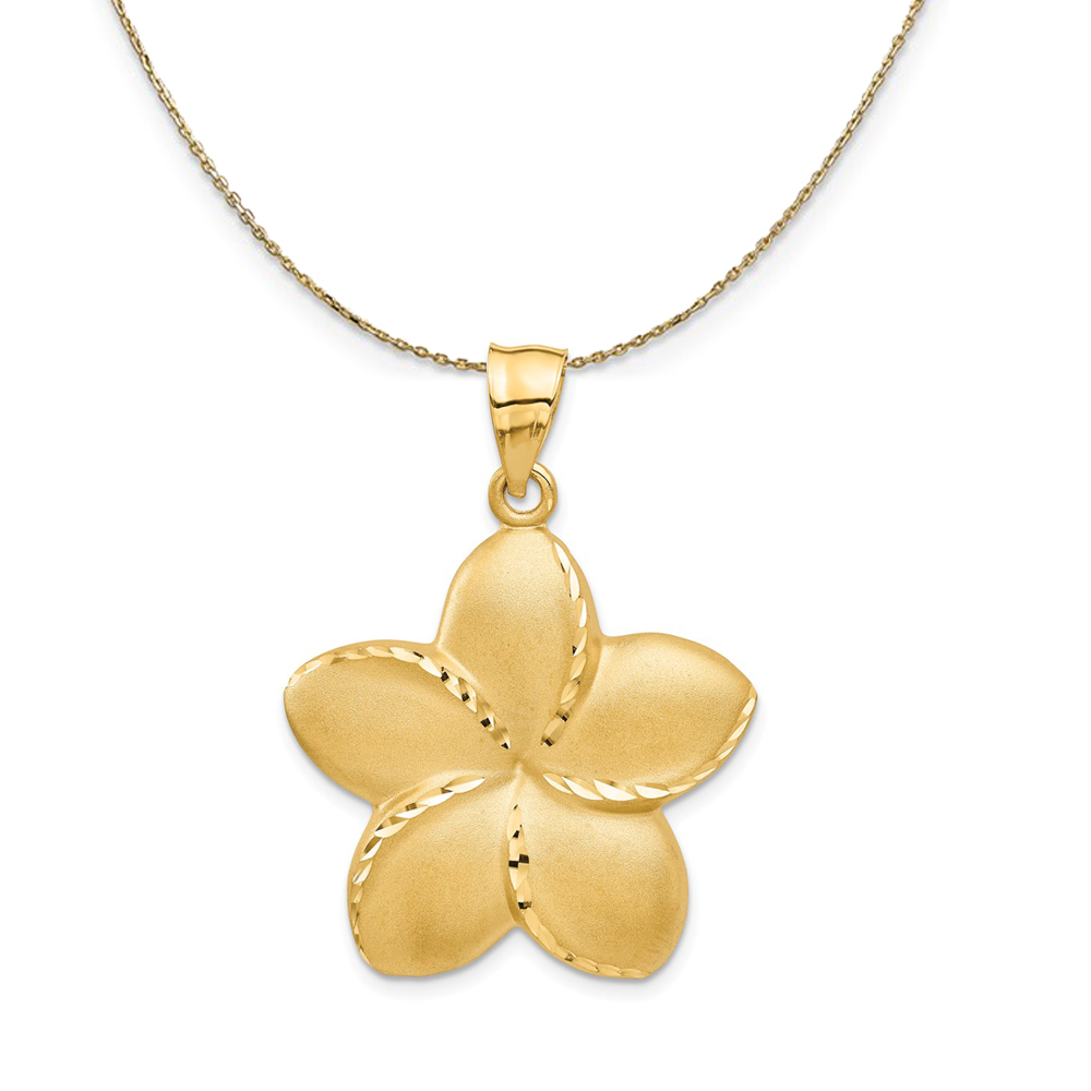 14k Yellow Gold 28mm Satin and Diamond Cut Plumeria Necklace