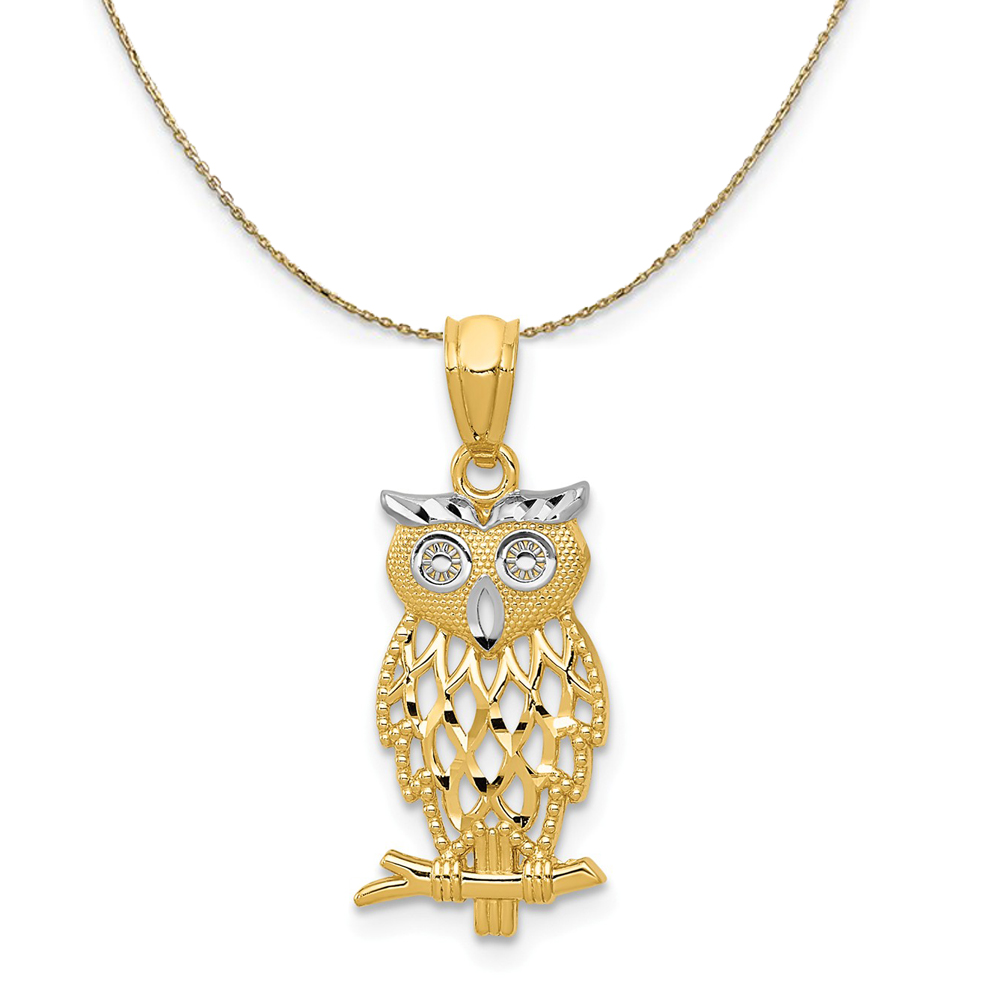 14k Yellow Gold and Rhodium Two Tone Owl Necklace