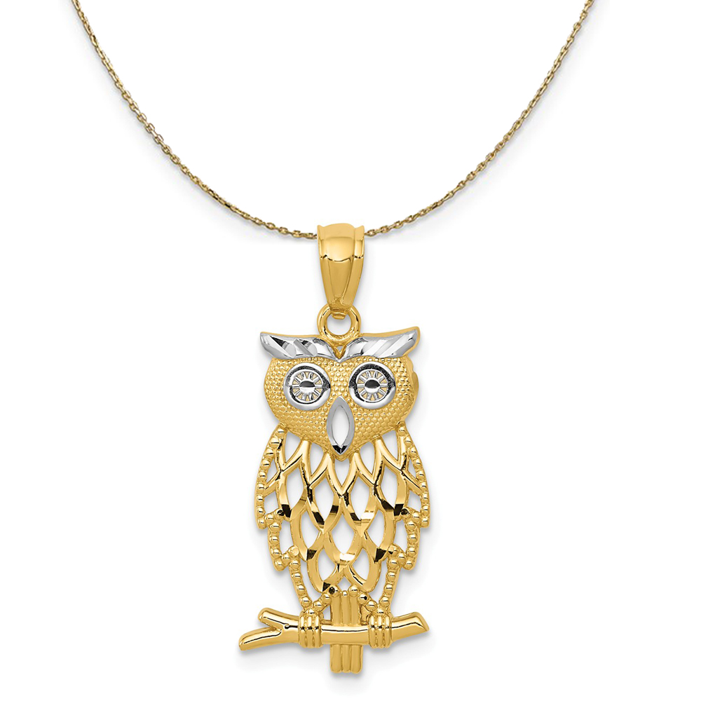 14k Yellow Gold and Rhodium Two Tone Owl Necklace