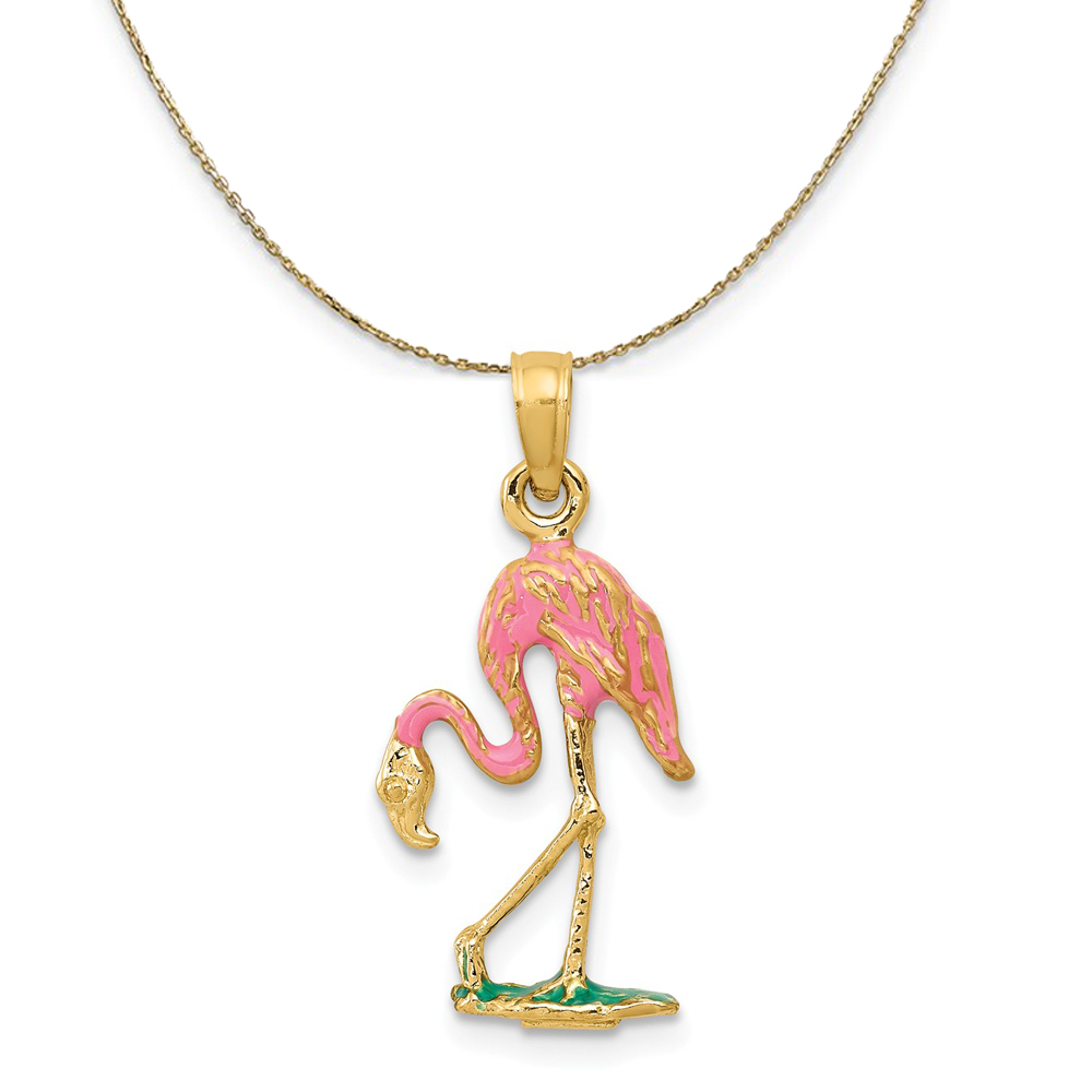 14k Yellow Gold and Enamel 3D Pink Flamingo Necklace