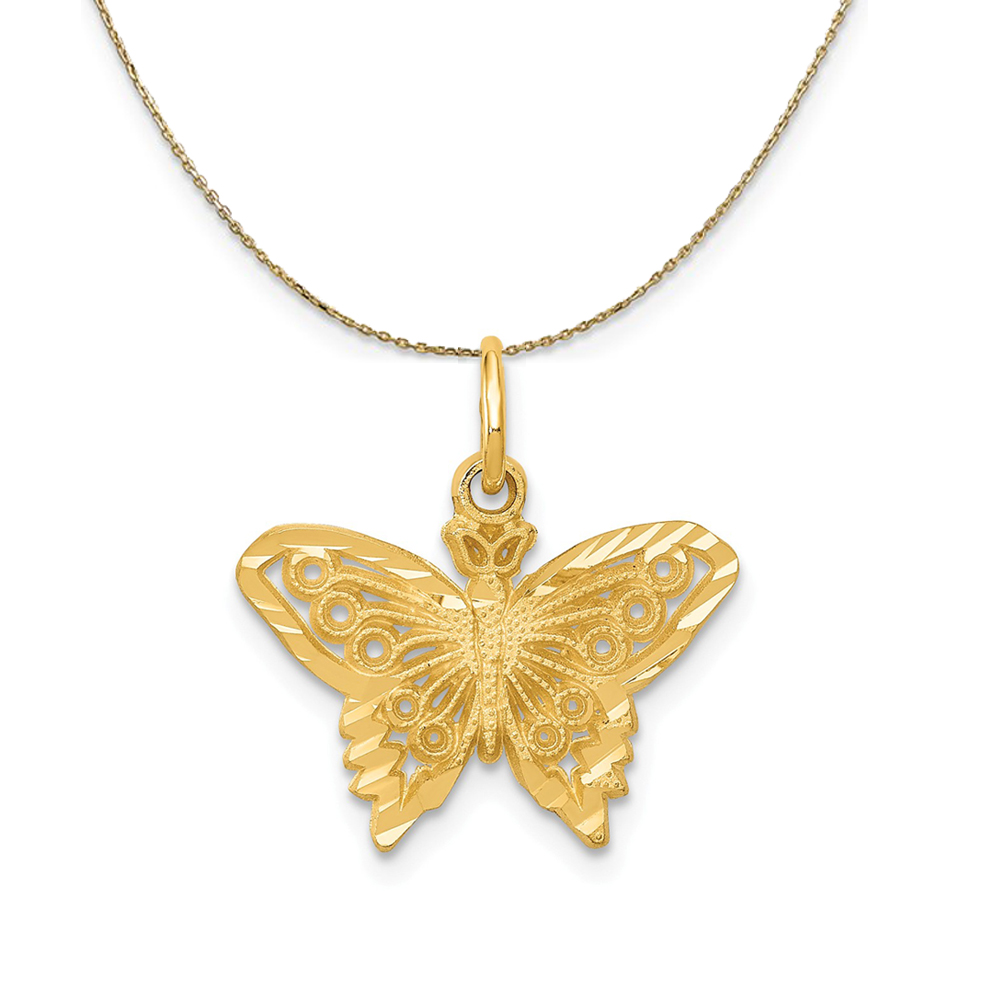 14k Yellow Gold Satin Diamond Cut Butterfly (17mm) Necklace