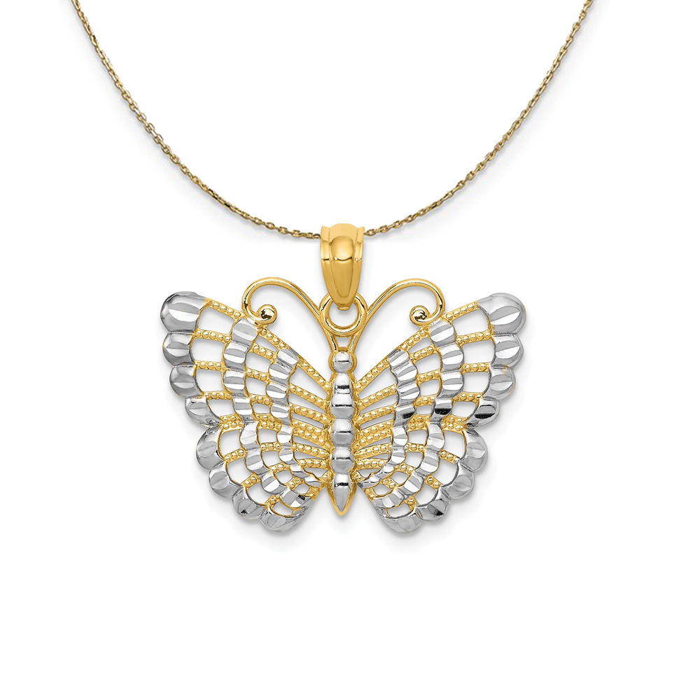 14k Yellow Gold & Rhodium 24mm Diamond Cut Butterfly Necklace
