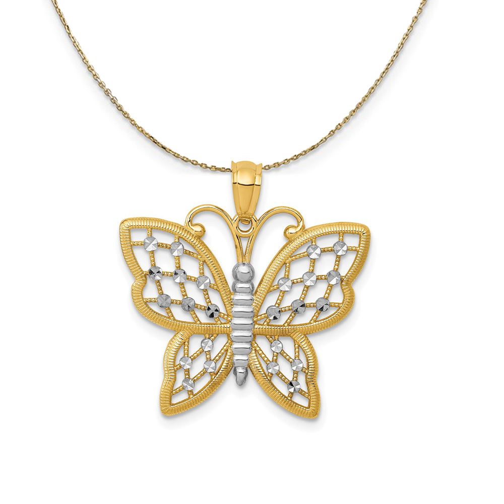 14k Yellow Gold & Rhodium 23mm Diamond Cut Butterfly Necklace