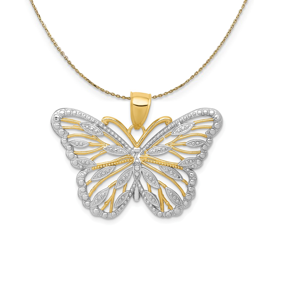 14k Yellow Gold and Rhodium Ornate Butterfly, 34mm Necklace