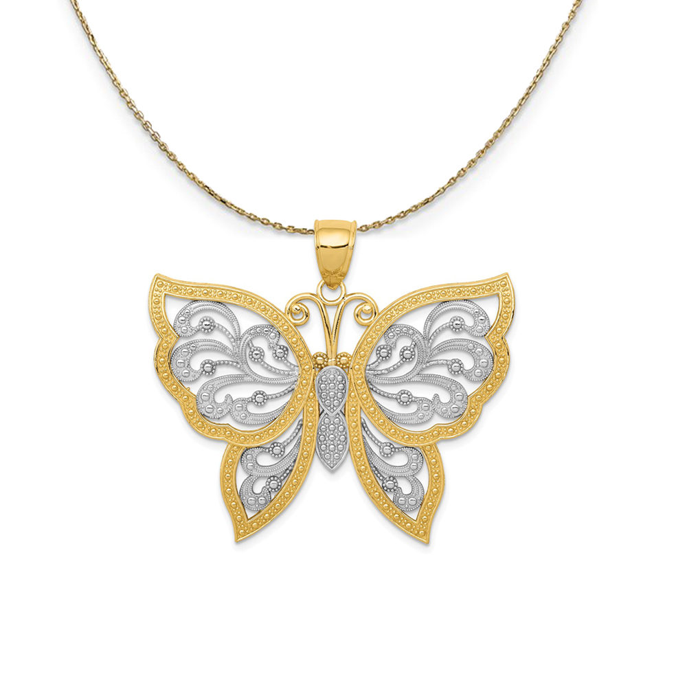 14k Yellow Gold & Rhodium 42mm Filigree Butterfly Necklace