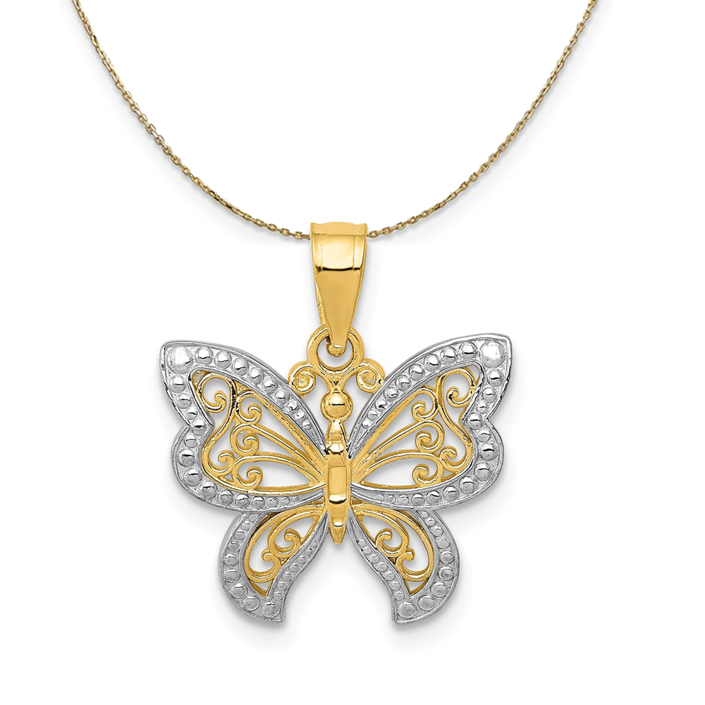14k Yellow Gold and Rhodium Two Tone Butterfly, 17mm Necklace