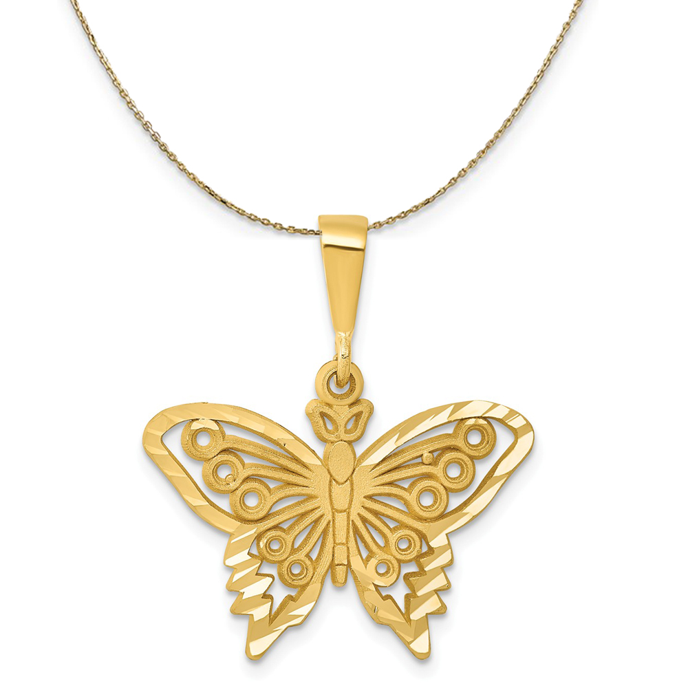 14k Yellow Gold Diamond Cut Butterfly (25mm) Necklace